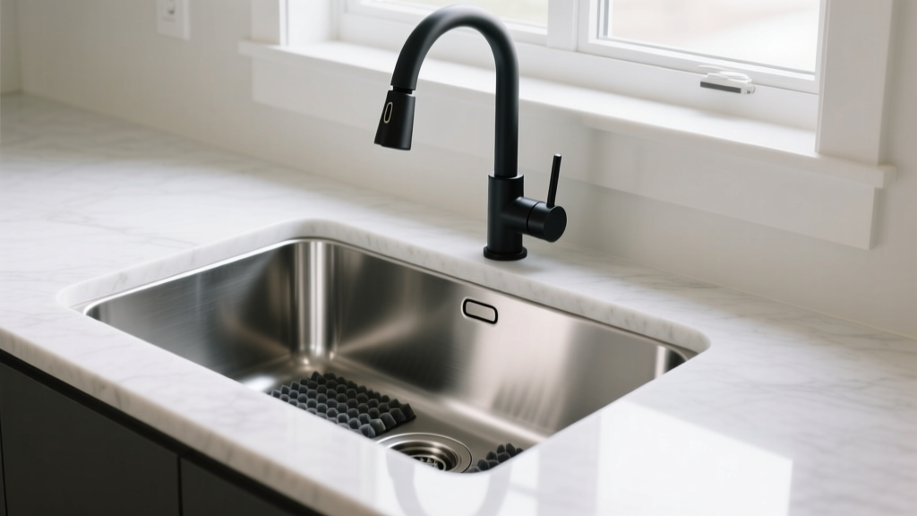 Undermount 16-gauge stainless steel kitchen sink installed in a white quartz countertop with a matte black pull-down faucet and soundproofing pads visible