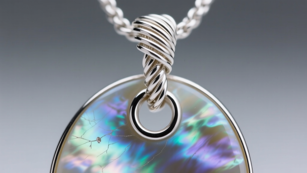 Extreme close-up of a 20-gauge argentium silver wire wrapping securing a drilled hole on a thick mother-of-pearl pendant bail