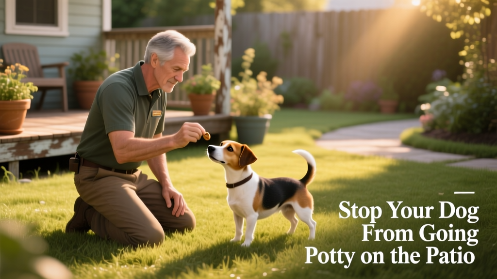 Trainer kneeling beside a small dog on short grass, gently guiding with a treat