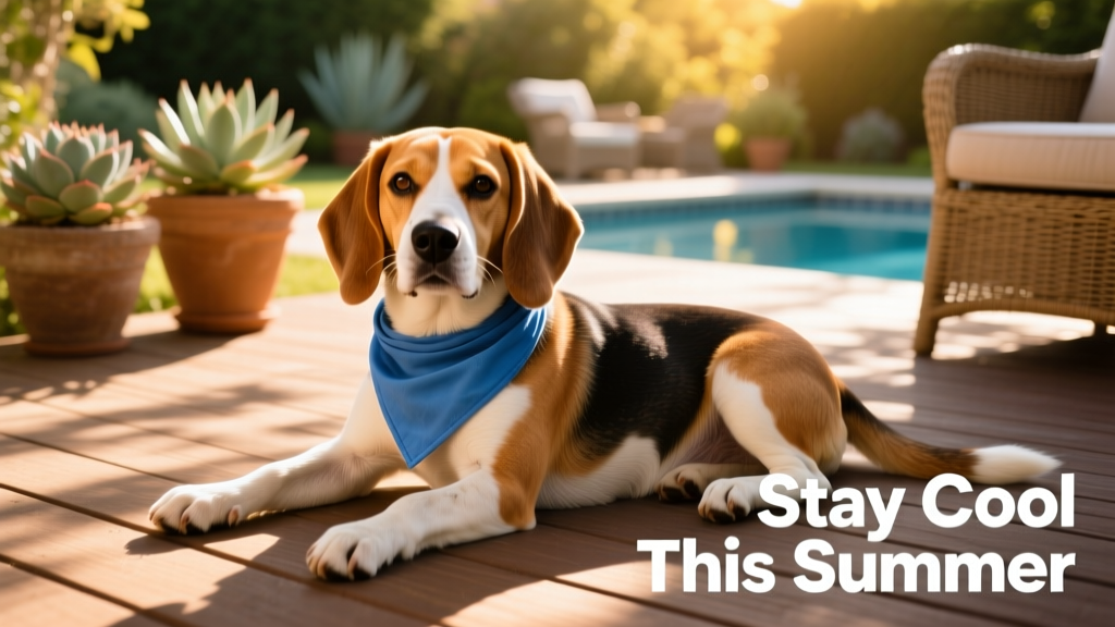 A beagle wearing a blue cooling bandana while resting in the shade on a patio