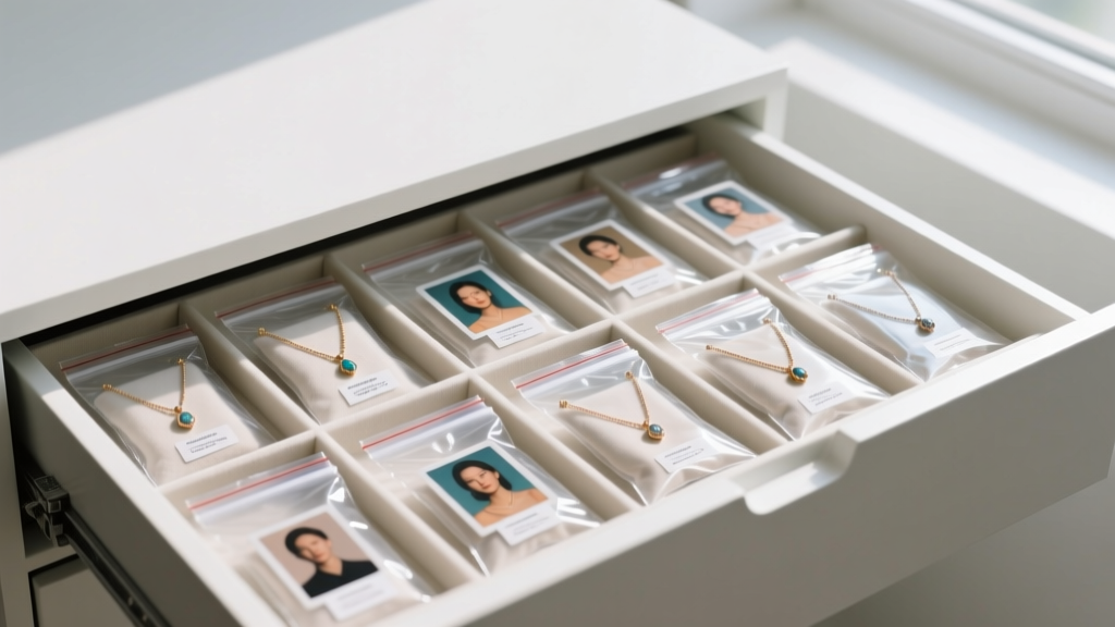 Organized jewelry drawer showing picture necklaces stored individually in anti-tarnish zip bags away from direct sunlight beams.