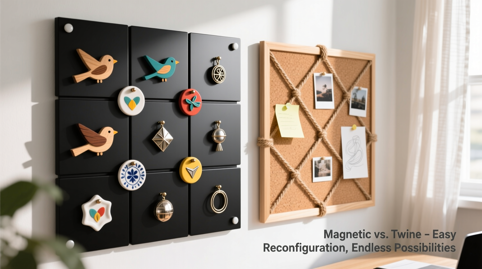 modular magnetic ornament display board vs corkboard with twine grid which allows easy reconfiguration