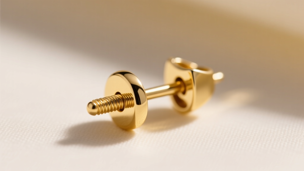 Macro view of a tiny 14k gold baby earring, focusing on the threaded post and smooth, covered screw-back clasp.