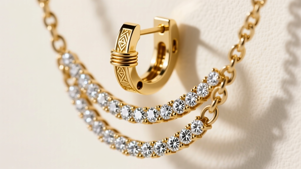 Macro photography of an 18-gauge gold latch-back earring mechanism supporting a three-tier articulated long diamond chain setting