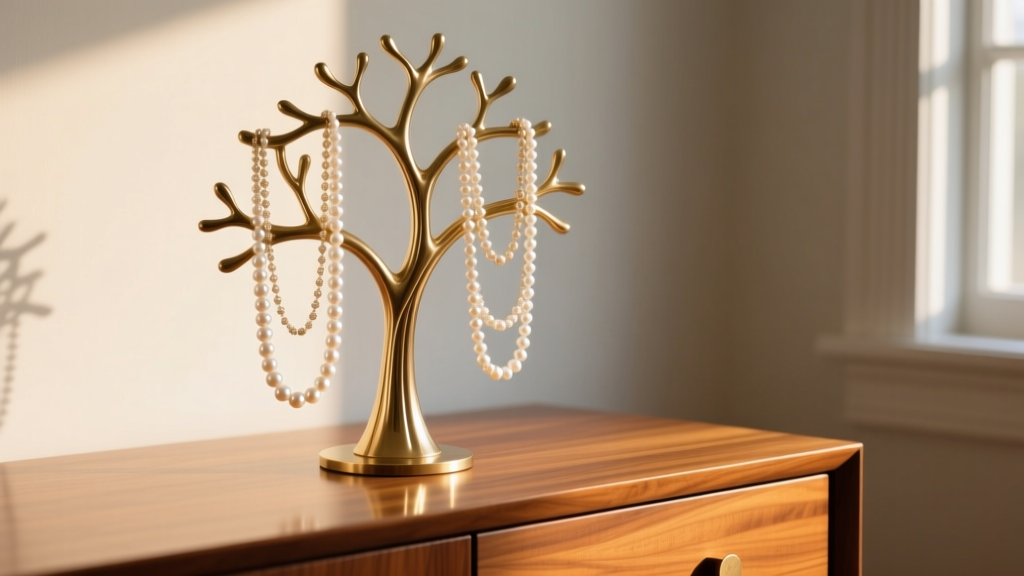 Mid-century brass tree-style jewelry stand holding pearl necklaces, placed on a polished teak dresser with soft natural shadows