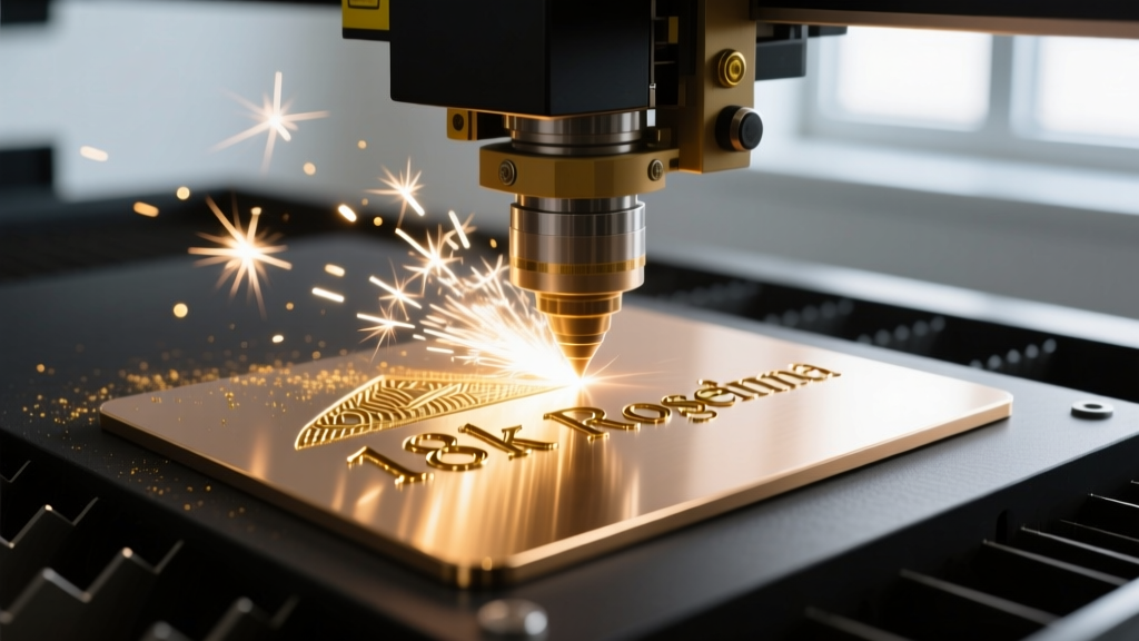 Macro shot of a laser cutter engraving an 18k rose gold nameplate, showing bright sparks and precise metal removal on a bench.