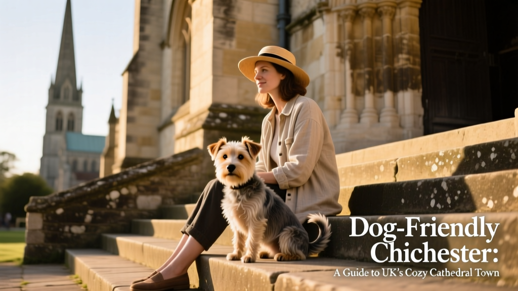Chichester Cathedral exterior with a small dog sitting calmly beside its owner on a sunny stone step