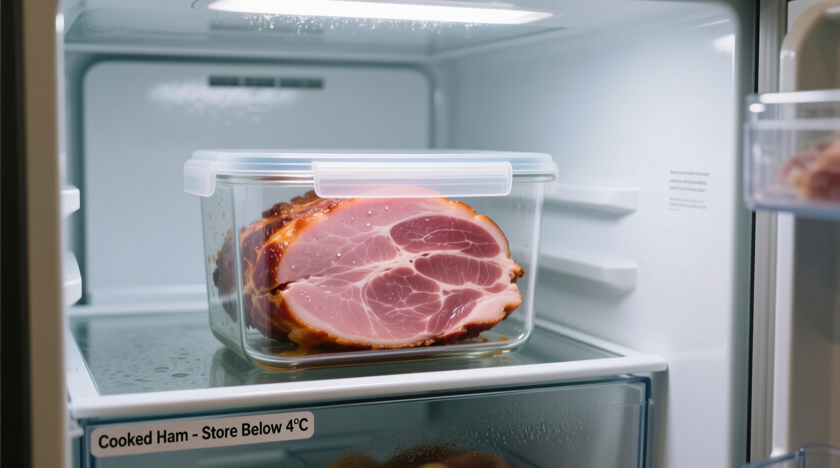 Cooked ham properly stored in air-tight container in refrigerator