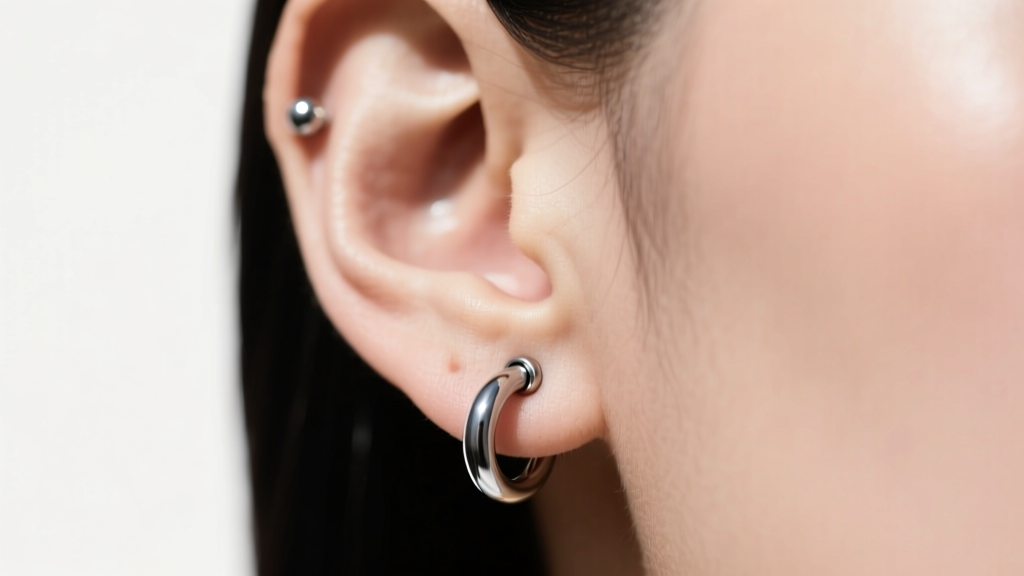 Daith piercing with a 14-gauge surgical steel captive bead ring, highlighting a thick structural look and bright metallic finish