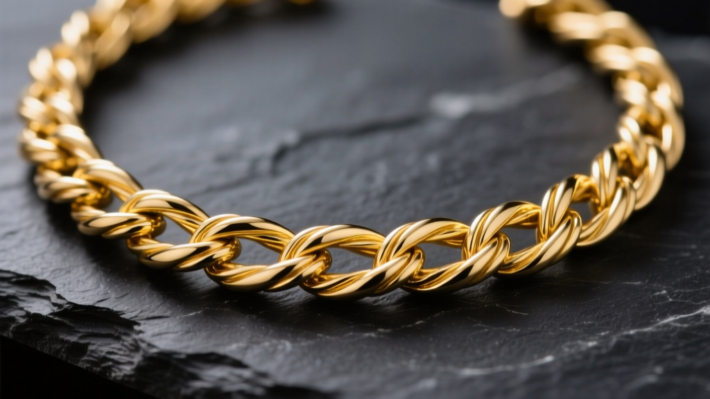 Macro shot of a 14k yellow gold rope necklace chain on dark slate, highlighting twisted links and bright reflections.