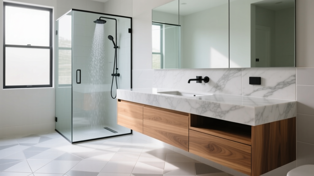 Modern full bathroom featuring porcelain floor tiles, floating oak vanity, quartz countertop, and frameless glass shower enclosure