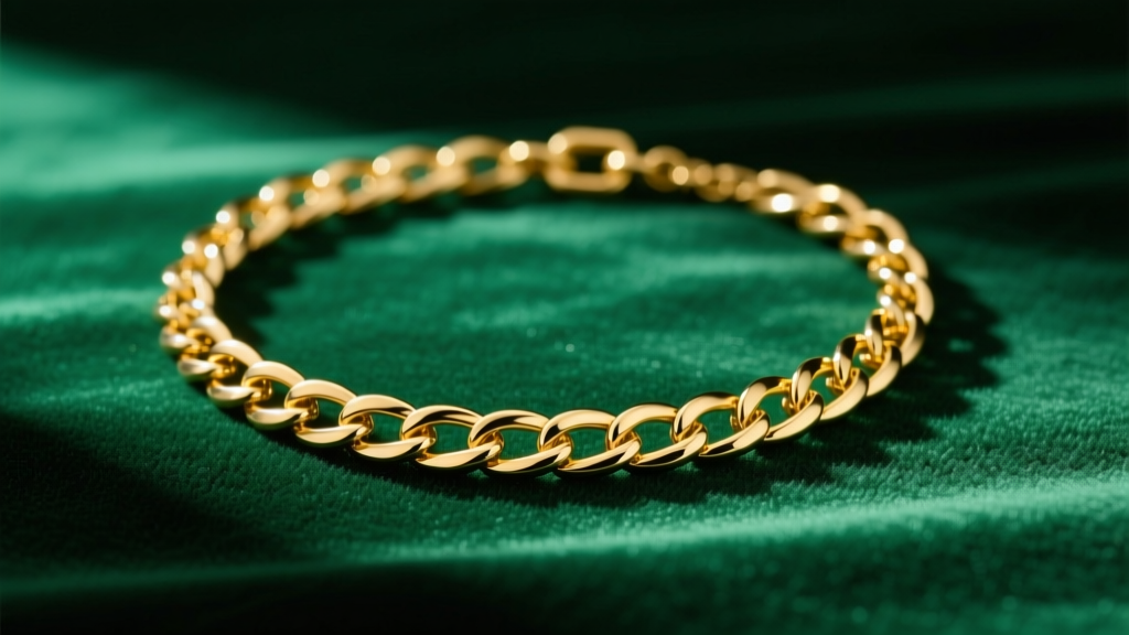 Flat-lay of a 14k yellow golden chain necklace on emerald velvet, soft studio lighting highlighting the interlocking metal links
