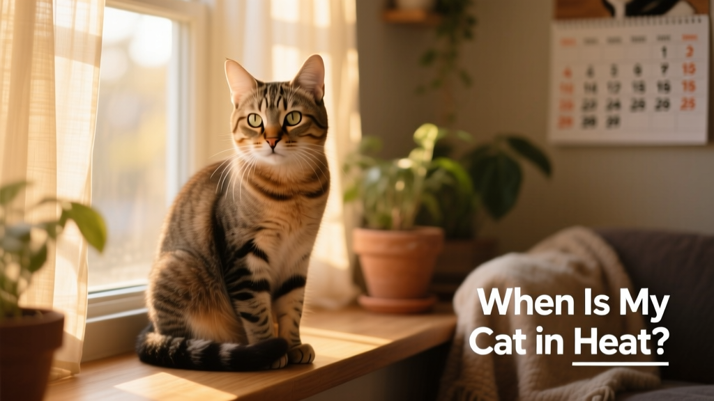 Close-up of a calm, alert female cat sitting near a sunlit window