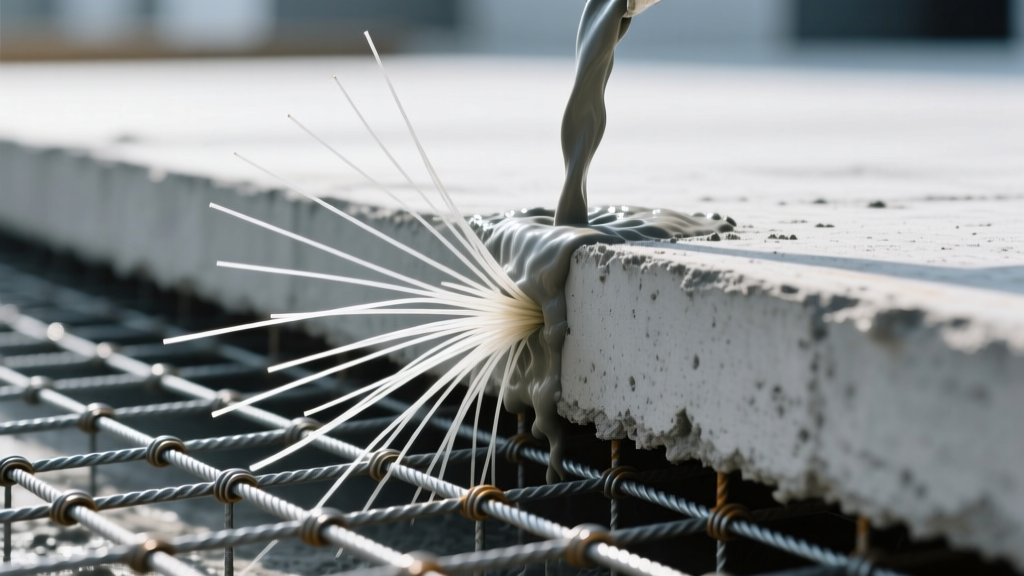 Close-up of a concrete slab pour showing polypropylene fibers protruding from the edge next to a grid of welded wire mesh reinforcement