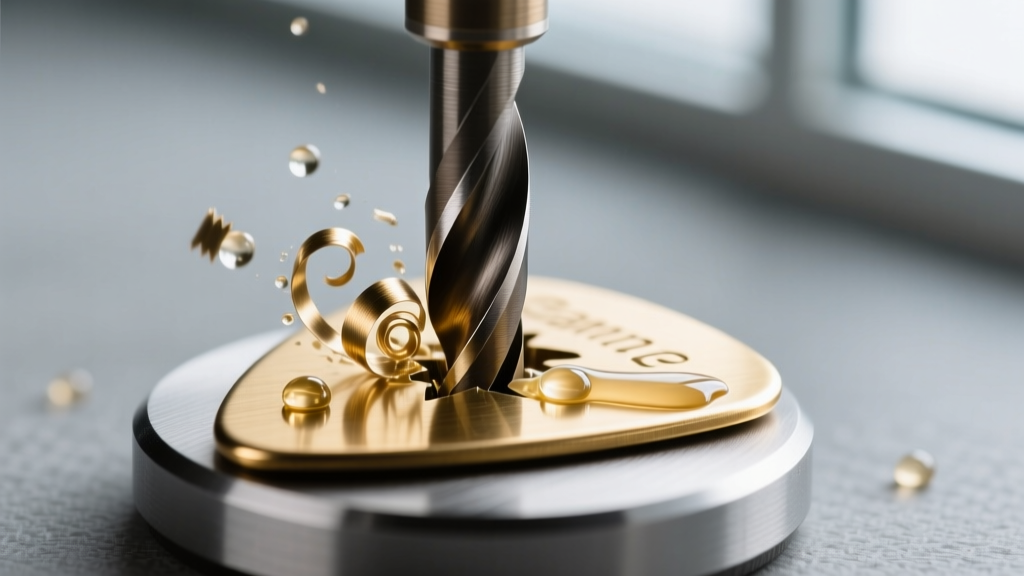 Macro shot of a carbide drill bit piercing a brass guitar pick blank, showing metal shavings and cutting fluid on a magnetic base.