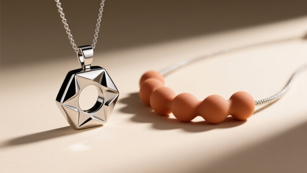 Comparison of a polished surgical steel fidget pendant and a matte medical-grade silicone chewable necklace on neutral background