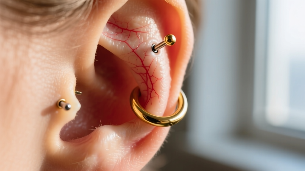 Macro photography of an irritated 16-gauge cartilage helix piercing, showing mild redness, with a seamless 14k gold hoop nearby.