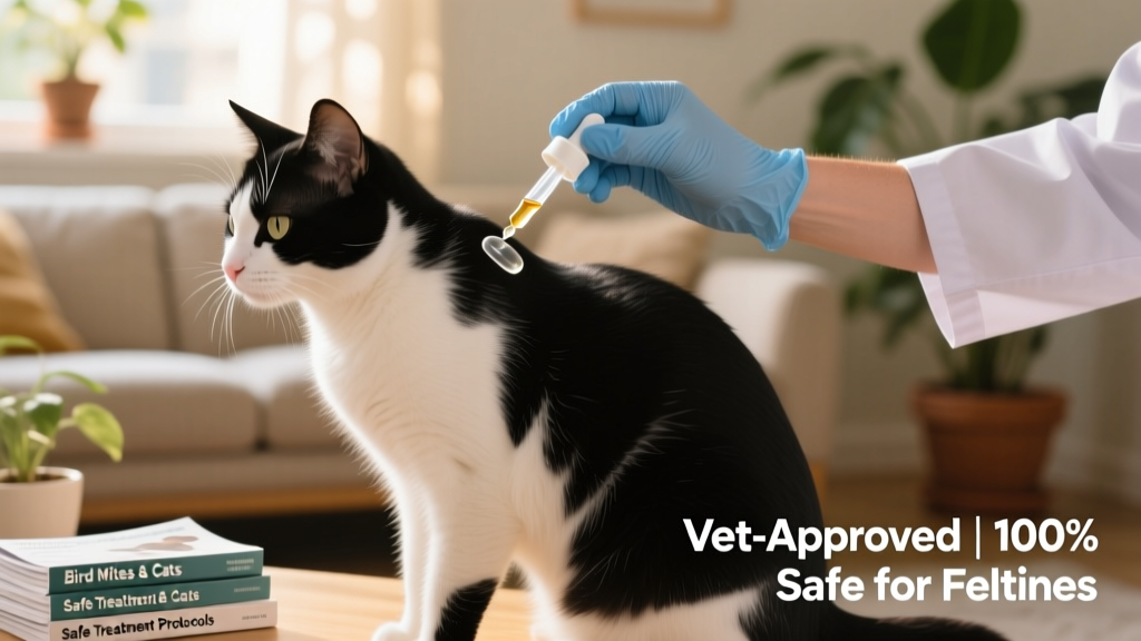 Illustration showing proper application of a vet-prescribed topical treatment on a cat’s shoulder blades
