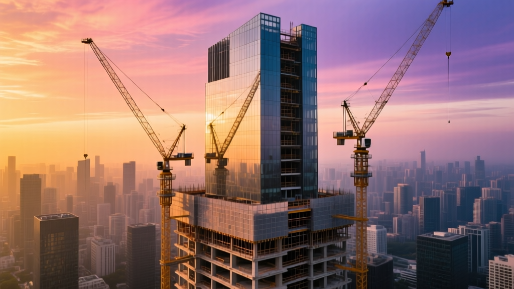 Aerial view of a modern glass-and-steel skyscraper under construction with tower cranes against a dense urban skyline at sunset