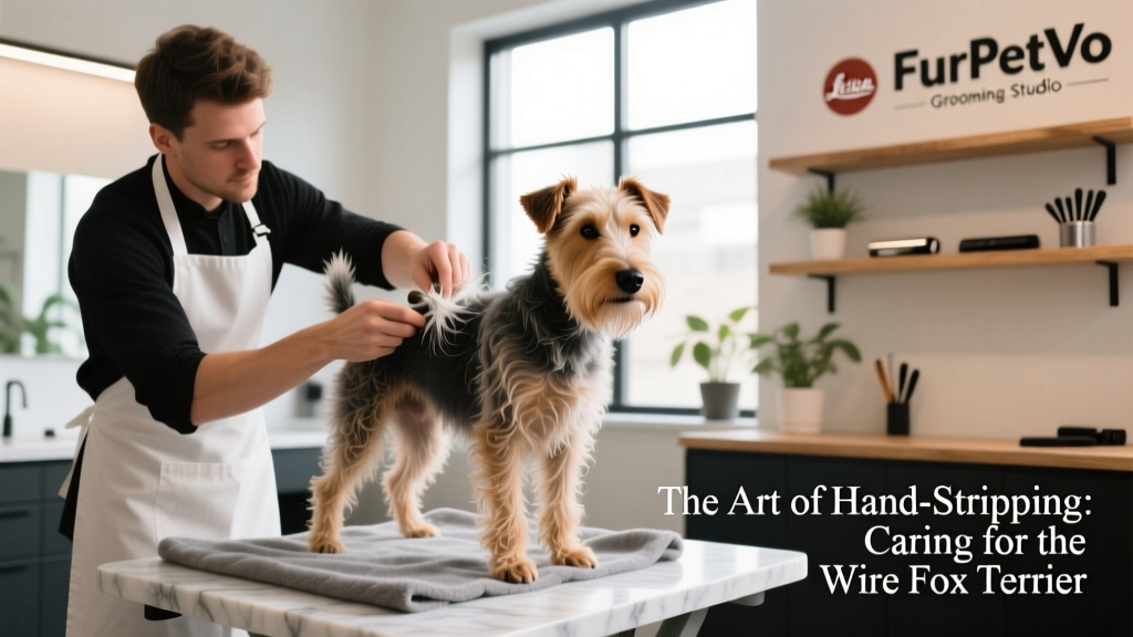 Professional groomer hand-stripping a Wire Fox Terrier’s coat at a FurPetVo grooming studio