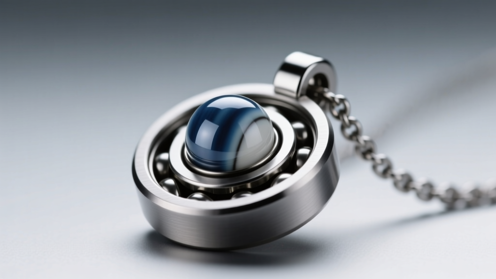 Macro shot of a micro ceramic ball bearing inside a titanium spinner necklace joint, showing intricate mechanical jewelry parts