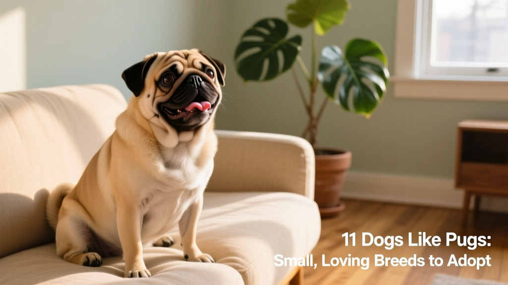 A smiling Pug sitting on a sunlit couch, head tilted playfully