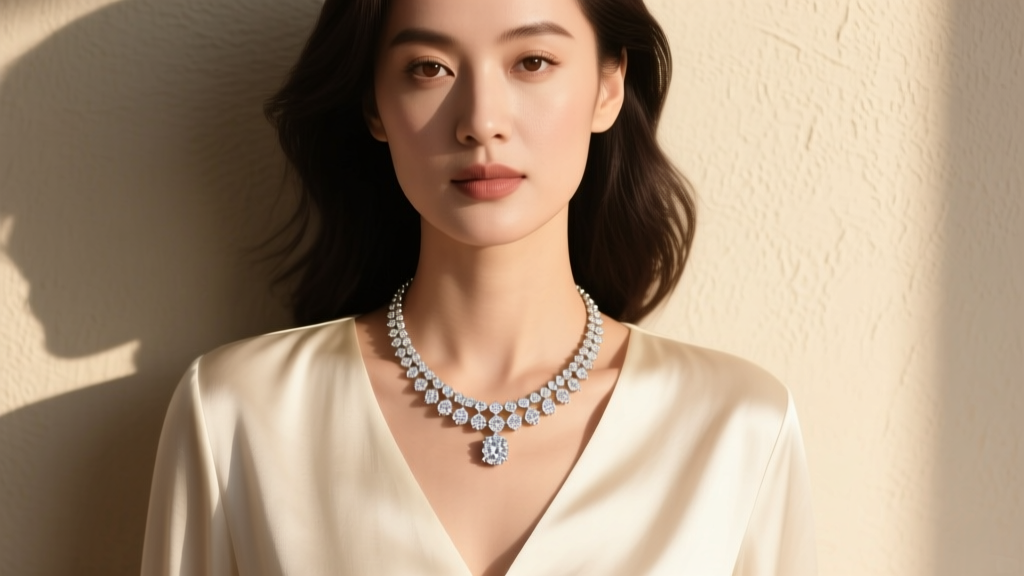 Woman wearing a V-neck silk blouse with a delicate sixteen-inch diamond halo pendant necklace resting perfectly on her collarbone