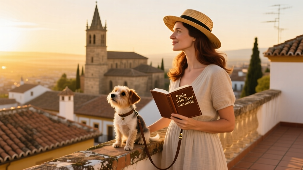 A solo female traveler looks out over sun-drenched rooftops in a Spanish city, with terracotta tiles and distant church spires visible.