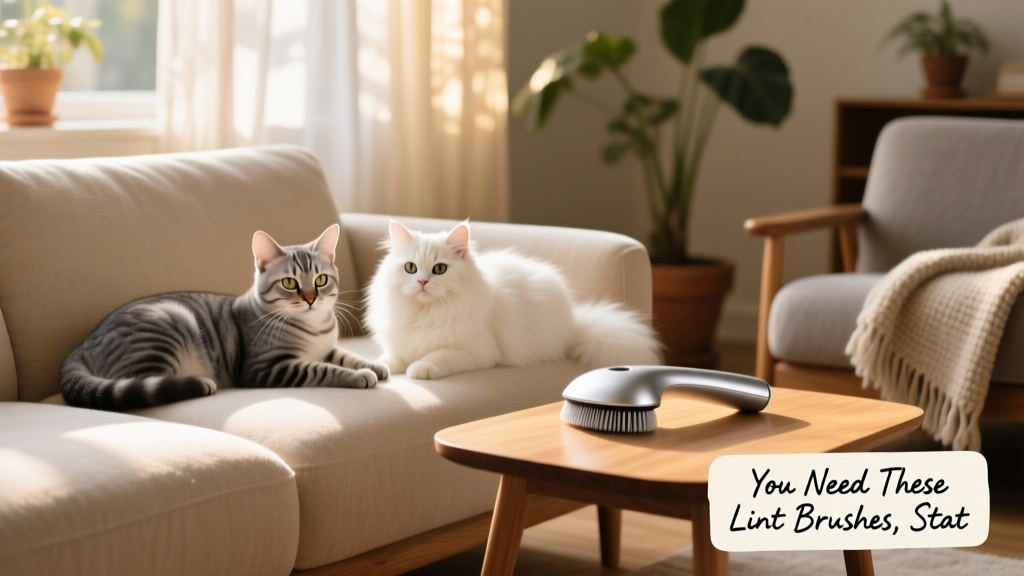 Two cats lounging on a freshly cleaned beige sofa, with the FurPetVo Duo brush resting nearby on a side table