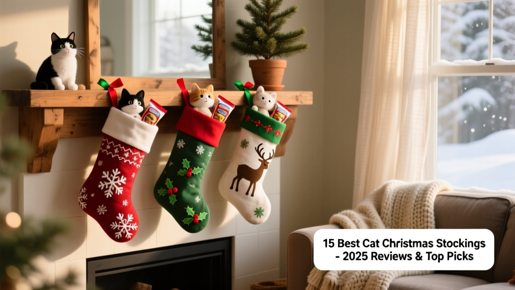 A cozy living room with three festive cat stockings hanging side-by-side on a wooden mantel, each filled with plush toys and wrapped cat treats