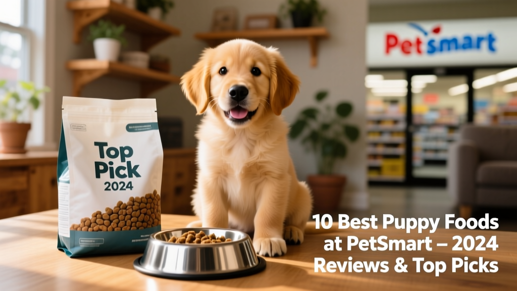 A happy golden retriever puppy sitting beside an open bag of puppy kibble and a stainless-steel bowl