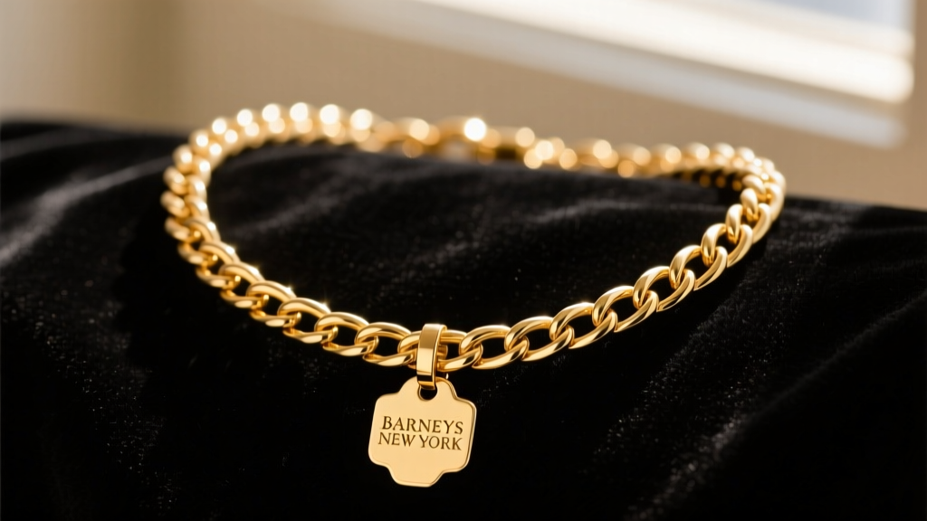 Close-up of a Barneys New York gold wrap necklace on black velvet, showing the delicate lariat chain and engraved hallmark tag.