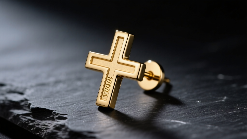 Close-up of a minimalist 14k solid gold cross earring stud on dark slate, illuminated by soft directional studio lighting.