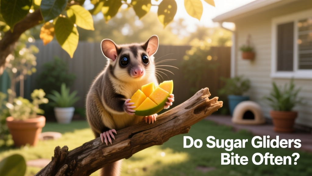 Sugar glider holding a piece of fruit in its paws, looking alert and engaged