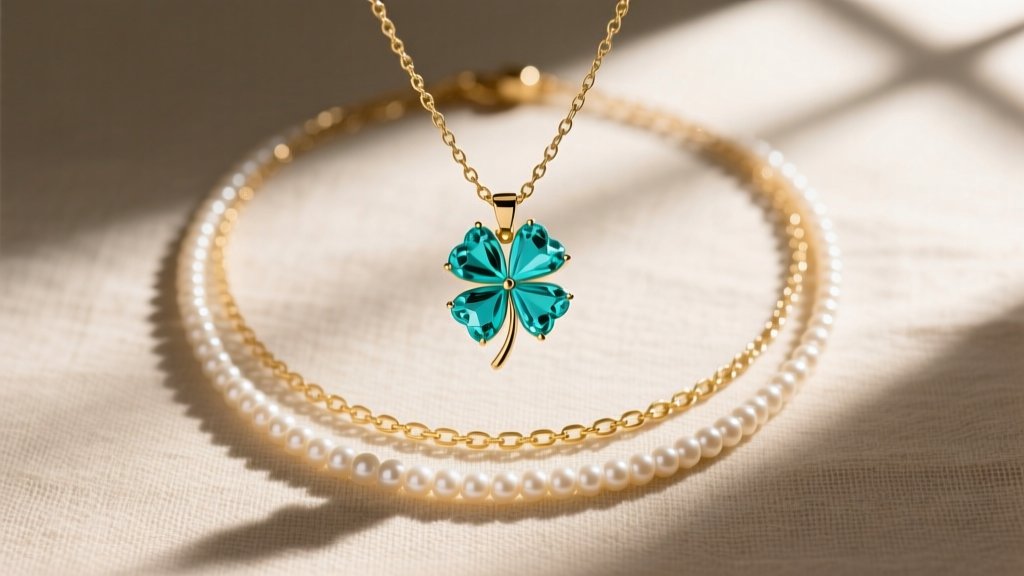 Overhead shot of a turquoise clover pendant layered with a gold satellite chain and seed pearl choker on raw linen.