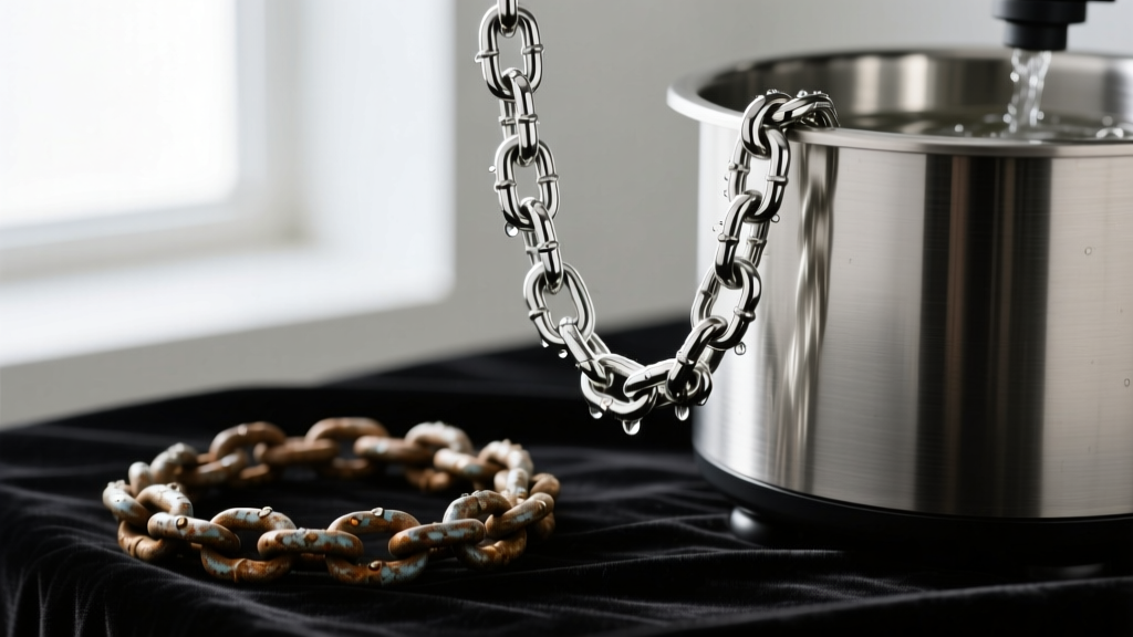 Dull oxidized silver chain contrasted with a polished silver chain freshly removed from a stainless steel ultrasonic cleaning bath