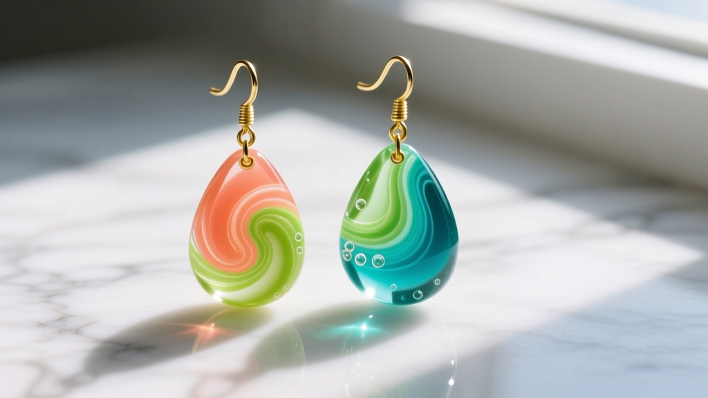 Macro shot of colorful UV resin Coco Loco drop earrings with gold hooks resting on white marble in bright sunlight