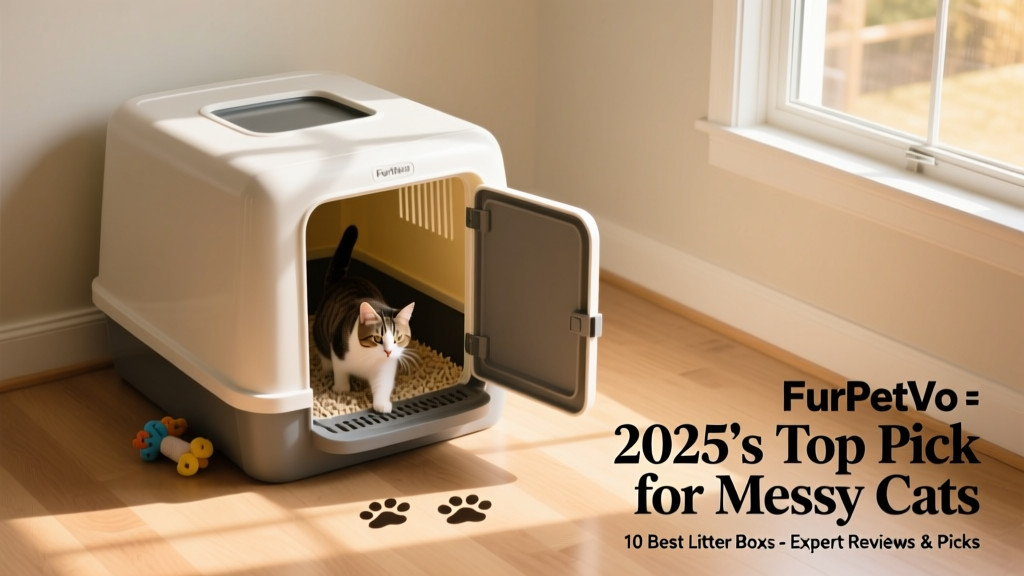 FurPetVo Deep-Litter Enclosed Box in use, showing full enclosure and clean surrounding floor