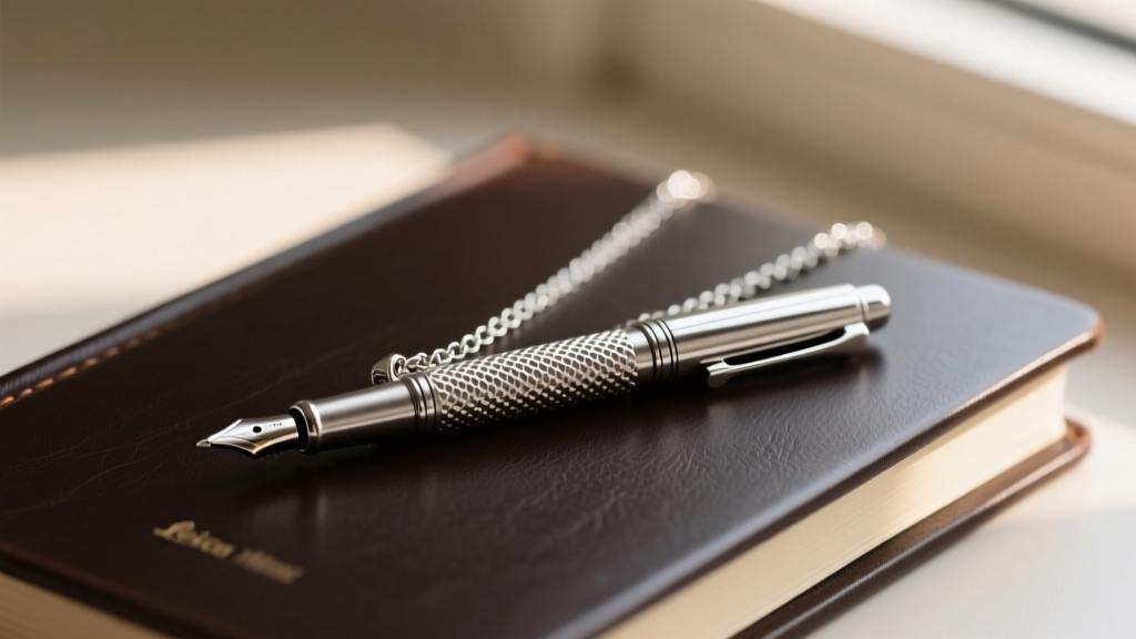 Machined titanium pen necklace pendant resting on a dark leather journal, showing intricate knurling and a polished silver chain.