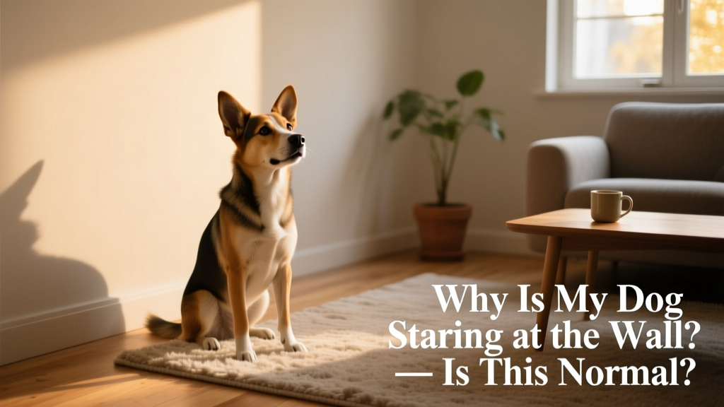 A curious dog sitting upright, gazing intently at a plain interior wall