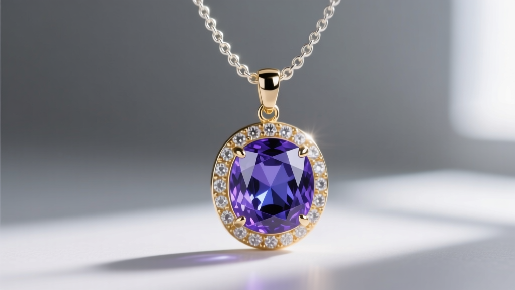 Close-up of bezel-set tanzanite pendant on delicate 18k white gold rolo chain, catching light to show deep violet-blue hues.