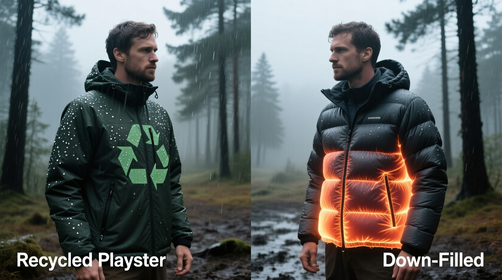 recycled polyester jackets vs down filled which is warmer in wet conditions