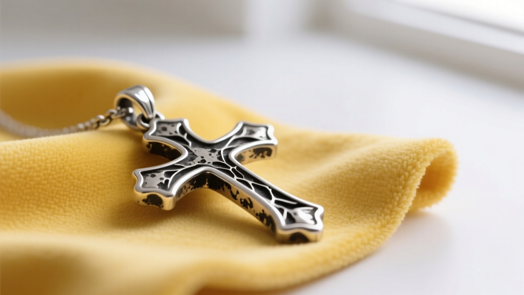 A tarnished sterling silver cross pendant showing dark oxidized crevices, resting on a yellow microfiber cloth under soft lighting