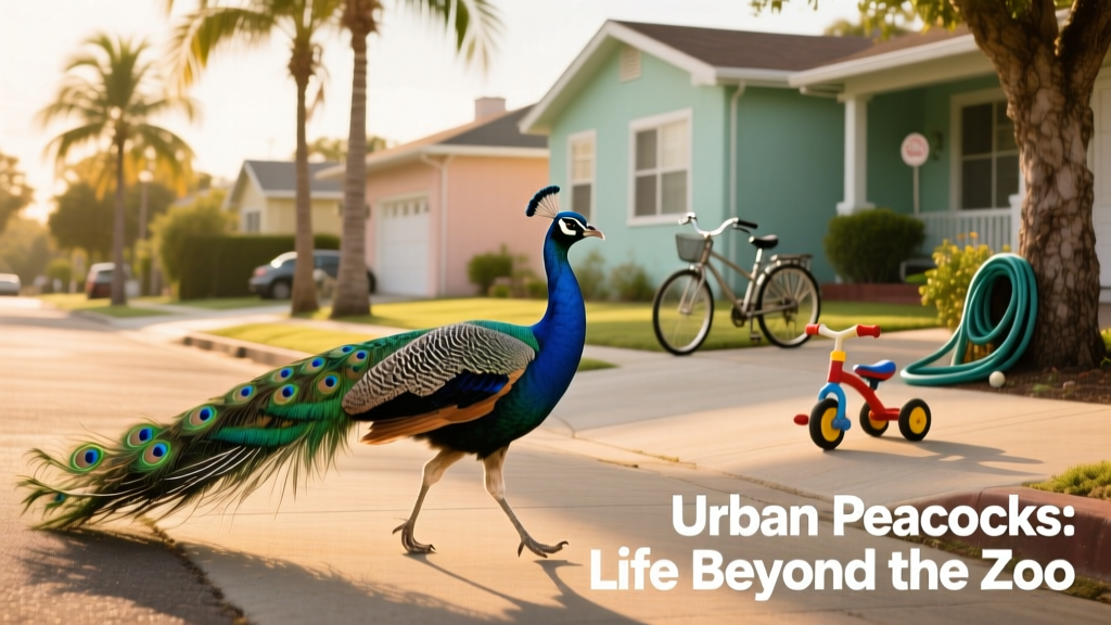 A mature male peacock striding confidently across a sunlit suburban street, tail feathers partially fanned, with houses and palm trees in the background