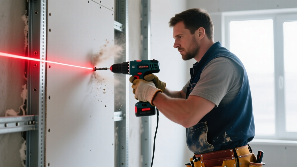 Drywall installer driving a collated screw into gypsum board drywall on metal studs, illuminated by a bright red laser level beam