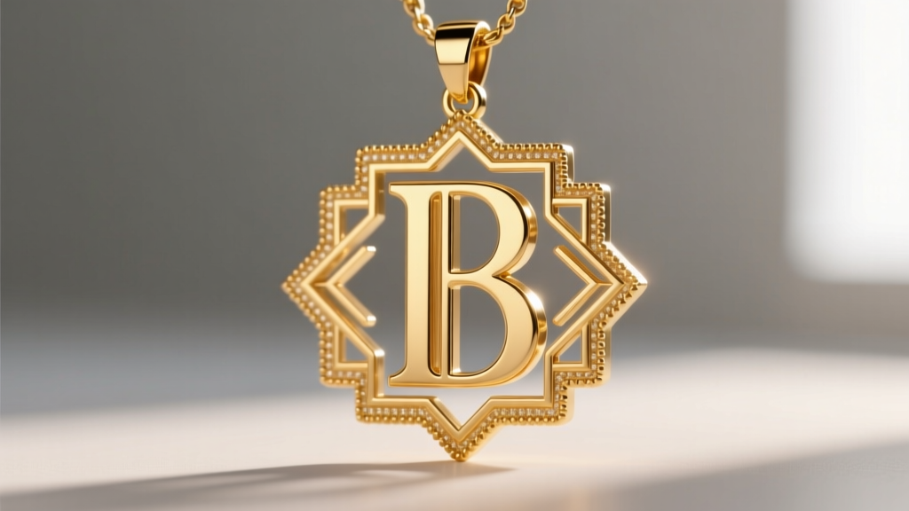 Macro photography of an 18k gold Art Deco style serif initial pendant showing intricate milgrain detailing and high-polish edges