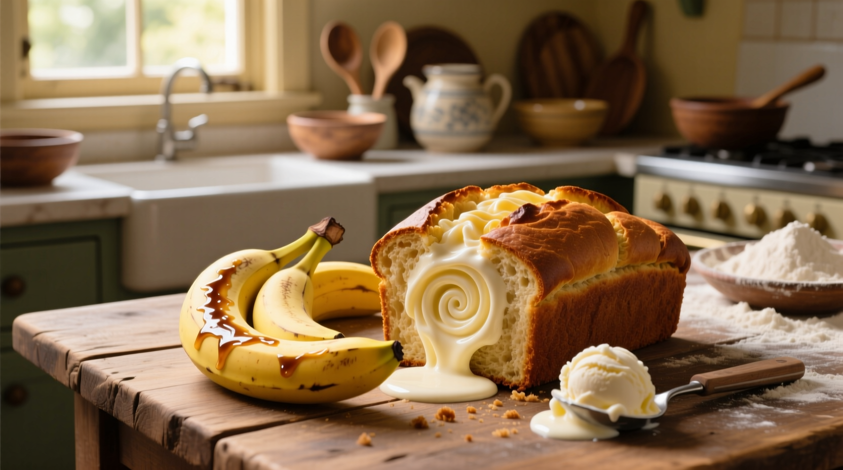 make tasty sweet bread with ice cream and bananas