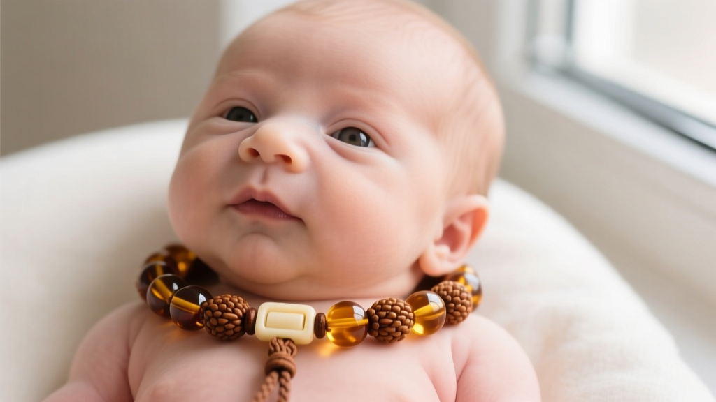Close-up of a baby wearing a Baltic amber teething necklace with knotted cognac beads and a secure plastic breakaway clasp.