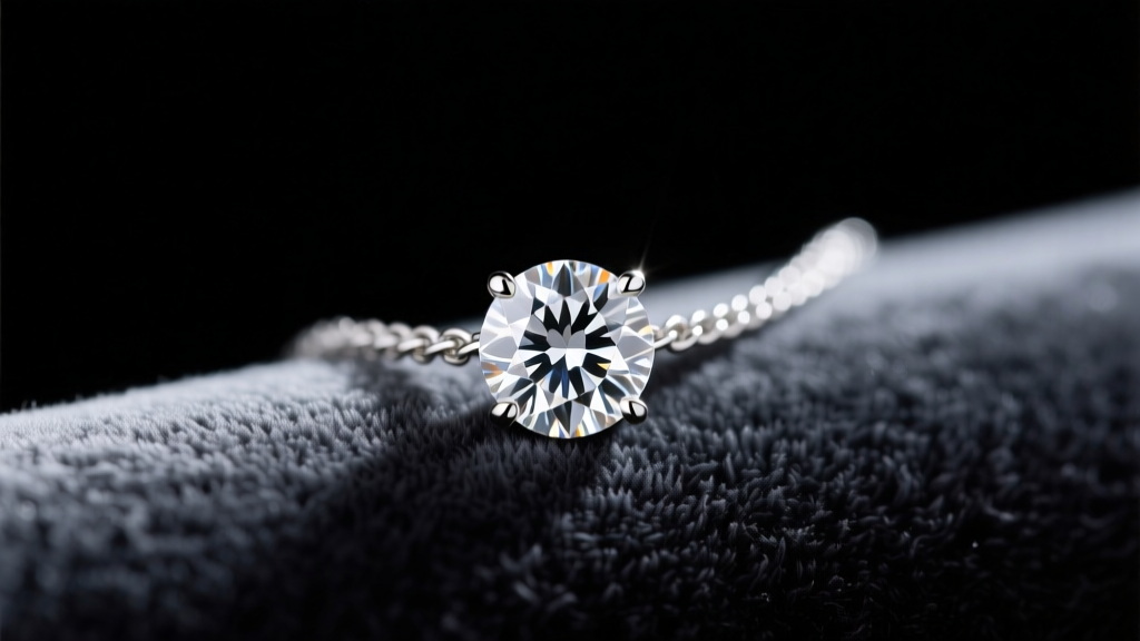 Macro shot of a round diamond solitaire pendant on a delicate 14k white gold cable chain, resting on dark charcoal velvet fabric.