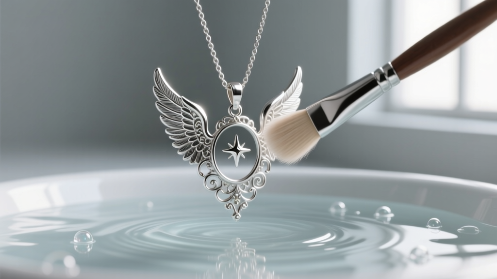 Soft-bristled brush gently cleaning intricate silver feathers of an angel pendant submerged in a mild soapy water bath.